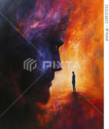 solitary figure stands against backdrop of swirling colors blending warm and cool tones evoke deep emotion. 129537252