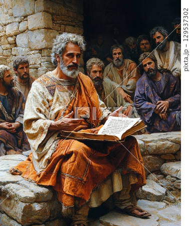 religious leader wearing traditional robes reads from scroll while diverse group of followers attentively listens in stone walled environment. atmosphere feels reverent and focused. 129537302