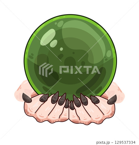 illustration of witch hand holding crystal ball 129537334