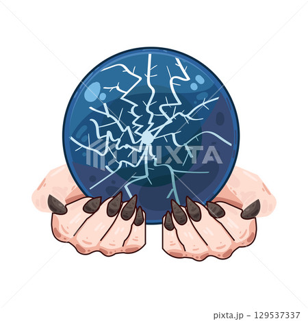 illustration of witch hand holding crystal ball 129537337