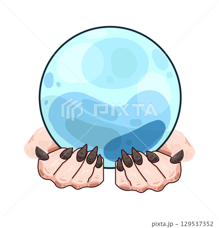 illustration of witch hand holding crystal ball 129537352