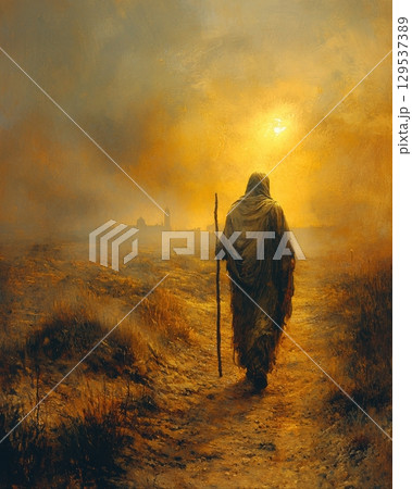lone figure dressed in tattered robes walks along dusty path holding staff. sun sets behind hazy landscape casting warm golden hues over serene scene. 129537389