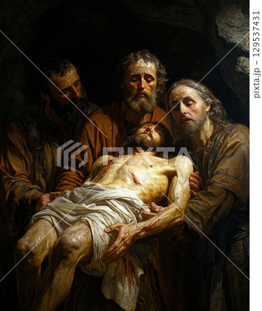 In solemn moment four individuals mournfully carry lifeless body of Jesus Christ wrapped in linen. Their expressions reflect deep sorrow and reverence as they prepare for burial. In solemn moment four individuals mournfully carry lifeless body of Jesus Christ wrapped in linen. Their expressions reflect deep sorrow and reverence as they prepare for burial. 129537431