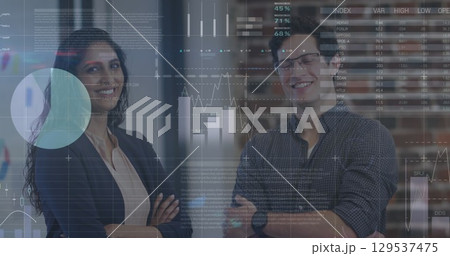 Statistical data processing over diverse male and female office colleagues smiling at office 129537475