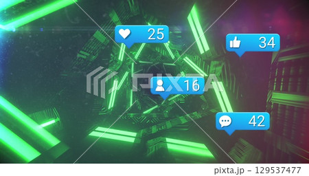 Image of media icons over digital tunnel Image of media icons over digital tunnel 129537477
