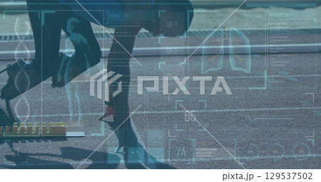 Image of data on digital screen over african american man with running blade training 129537502