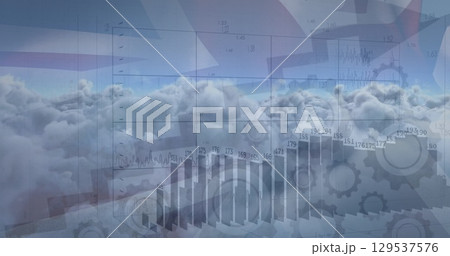Image of financial graphs and arrows over clouds and great britain flag 129537576