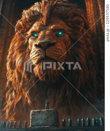 colossal lion sculpture dominates setting its glowing eyes piercing twilight sky. Surrounding it crowd of figures stands in awe captivated its grandeur in mystic temple. 129537580