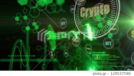 Image of scientific data, crypto and graphs on black background Image of scientific data, crypto and graphs on black background 129537590