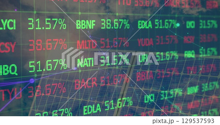 Image of financial data and graphs over solar panels Image of financial data and graphs over solar panels 129537593