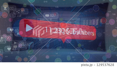 Speech bubble with subscribers text with increasing numbers against light trails over globe Speech bubble with subscribers text with increasing numbers against light trails over globe 129537628