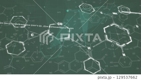 Image of network of connections and chemical structures over data processing on blue background 129537662