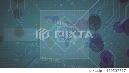 Image of changing numbers and microprocessor connections over world map against blue background 129537727