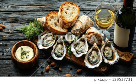 delightful assortment of fresh oysters is beautifully arranged on wooden board accompanied crusty bread white wine and herb sauce. 129537731