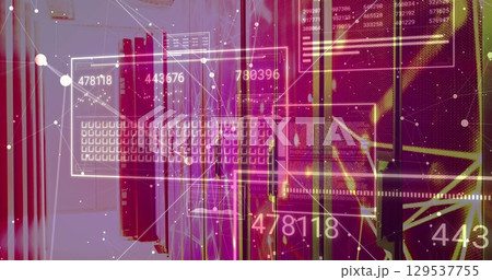 Image of data processing and network of connections over server room 129537755