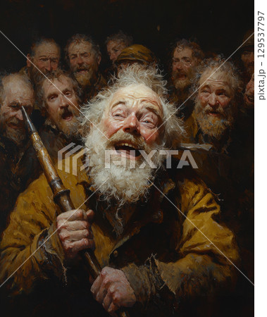 group of smiling men some beards share moment of joy in cozy low light setting. One man holds spear exuding happiness as others engage humor. 129537797