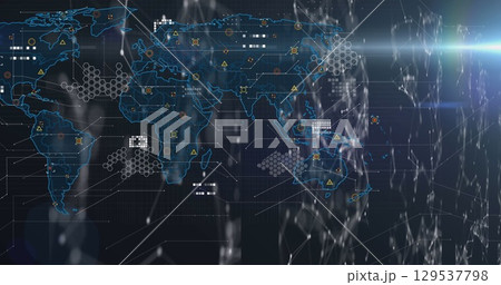 Image of icons, data and world map on black background Image of icons, data and world map on black background 129537798