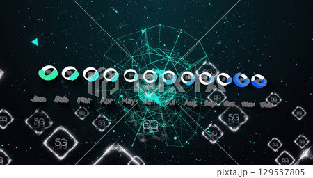 Image of graphs, icons, 6g, connections on black background 129537805