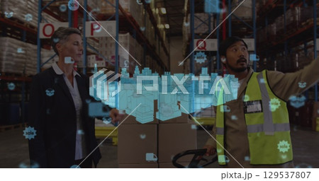 Image of diverse female and male warehouse worker over metaverse city Image of diverse female and male warehouse worker over metaverse city 129537807