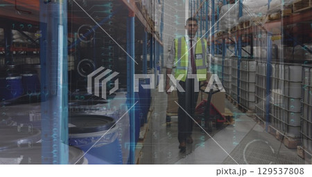 Image of data processing over caucasian woman in server room 129537808