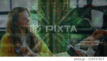 Image of files icons and cyberattack warning over diverse people paying with credit card 129537817