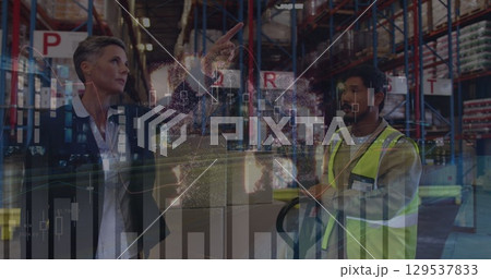 Image of globe over diverse female and male warehouse workers and road traffic Image of globe over diverse female and male warehouse workers and road traffic 129537833