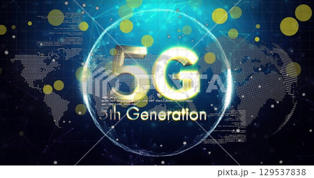 Image of 5th generation and globe over world map and black background 129537838