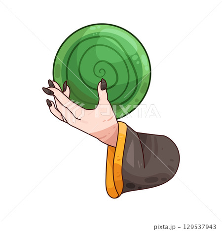 illustration of witch hand holding crystal ball 129537943