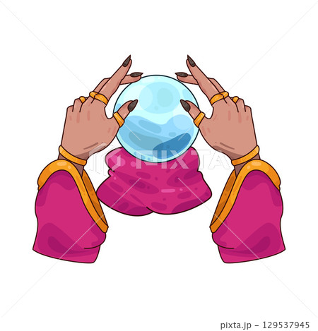 illustration of crystal ball in hands of fortune teller 129537945