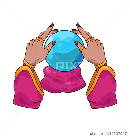 illustration of crystal ball in hands of fortune teller 129537947