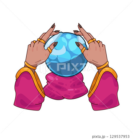 illustration of crystal ball in hands of fortune teller 129537953