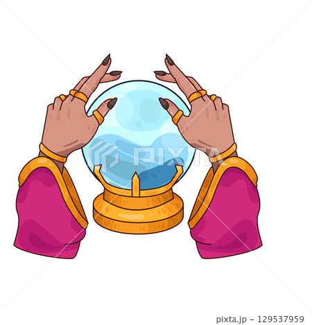illustration of crystal ball in hands of fortune teller 129537959
