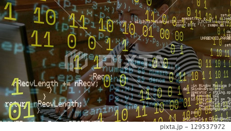 Image of binary coding and data processing against caucasian girl using computer at school 129537972
