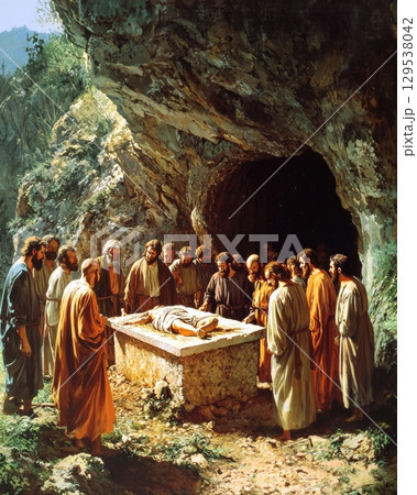 In serene cave setting group of individuals stands around stone table expressing deep emotions. In serene cave setting group of individuals stands around stone table expressing deep emotions. 129538042