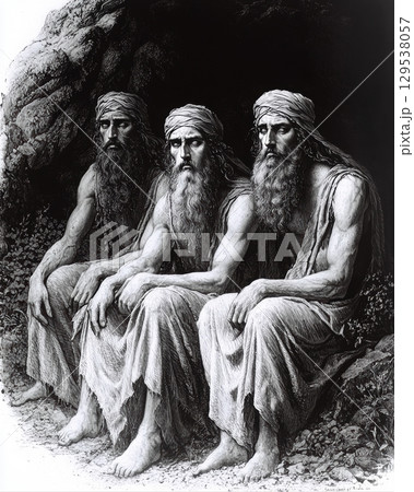 Three men long beards and simple garments sit closely together near entrance of cave deep in thought. Their expressions reflect mix of wisdom and contemplation soft light. 129538057