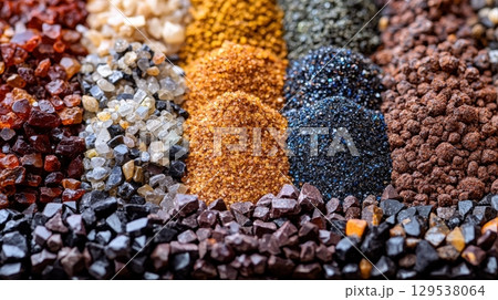 array of vibrant spices and granules are meticulously arranged showcasing various textures and colors. display is seen bustling marketplace during early morning. array of vibrant spices and granules are meticulously arranged showcasing various textures and colors. display is seen bustling marketplace during early morning. 129538064