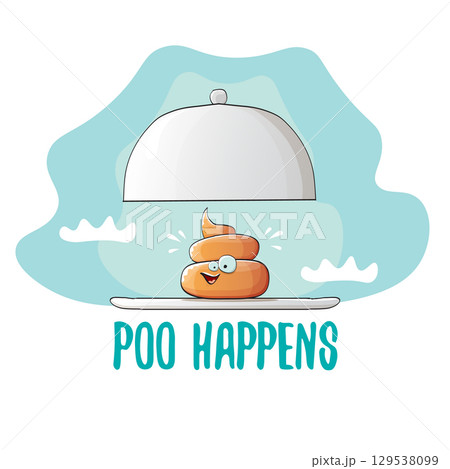vector funny cartoon cool cute brown smiling poo icon sitting on food silver tray isolated on blue sky with white clouds background. poo happens concept illustration 129538099