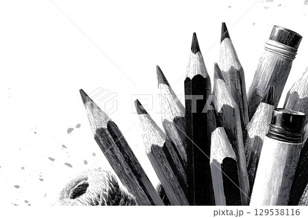 Monochrome illustration of pencils and paint tube arranged aesthetically. 129538116