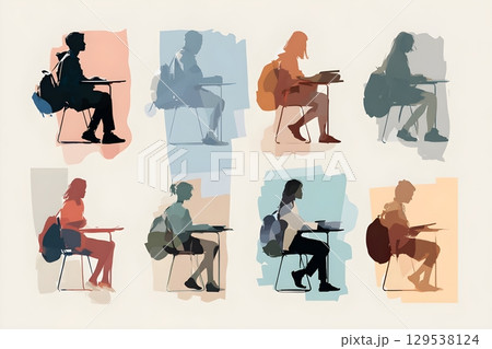 Illustration of eight stylized silhouettes of students sitting at desks with backpacks 129538124