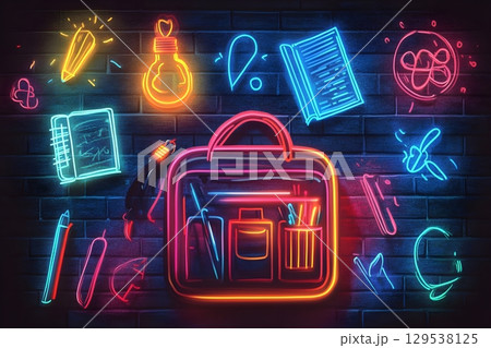 Neon illustration depicting a school bag surrounded by various education-related icons like a pencil Neon illustration depicting a school bag surrounded by various education-related icons like a pencil 129538125