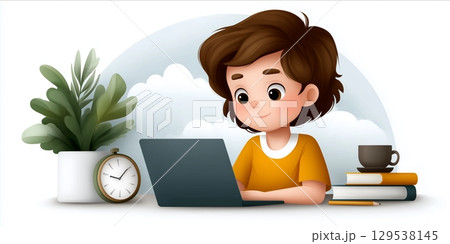 Illustration of a person working at a desk with a laptop, books, and coffee 129538145