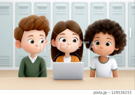 Illustration depicting three students engaging with a laptop in a school setting. Illustration depicting three students engaging with a laptop in a school setting. 129538153