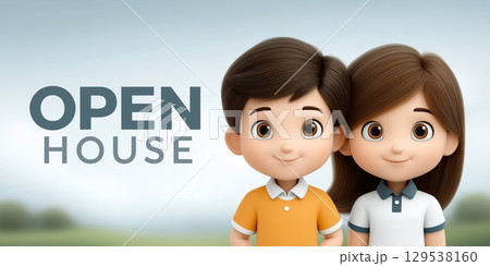 Illustration of two children dressed in school uniforms against a soft background 129538160