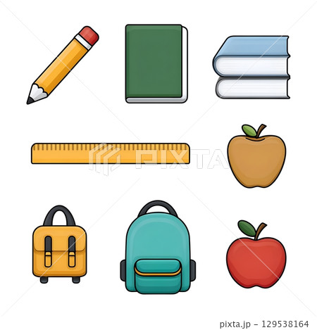 Illustration of school-related icons, including a pencil, books, ruler, apples, and backpacks. Illustration of school-related icons, including a pencil, books, ruler, apples, and backpacks. 129538164