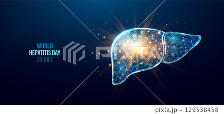 Liver wireframe. World hepatitis day concept. Banner template with glowing low poly liver. Futuristic modern abstract. Isolated on dark background. Vector illustration. 129538458