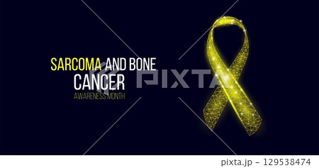 Sarcoma and bone cancer awareness month concept. Banner template with glowing low poly yellow ribbon. Wireframe modern abstract background. Vector illustration. Sarcoma and bone cancer awareness month concept. Banner template with glowing low poly yellow ribbon. Wireframe modern abstract background. Vector illustration. 129538474