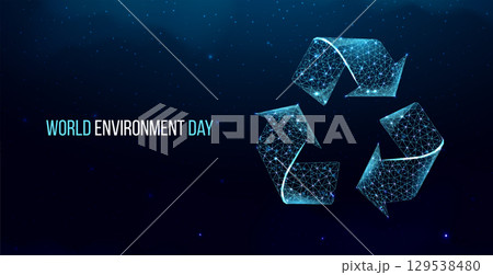 World environment day concept. Banner with wireframe polygonal recycle symbol. Futuristic modern abstract background. Vector illustration. 129538480
