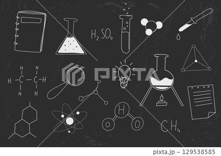 Science doodle hand drawn elements on school blackboard chalk sketch drawing. Chemistry calculations formula lab flasks, idea set.  129538585