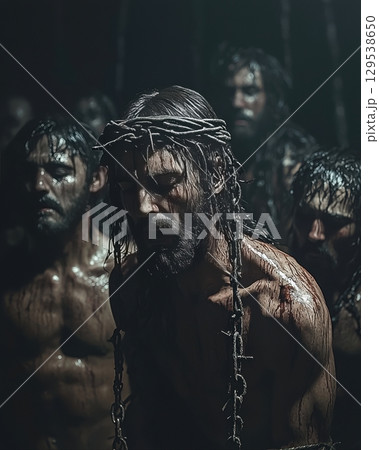 group of men displays emotional expressions in dimly lit space. Their bare bodies and messy hair convey pain and struggle emphasizing themes of endurance and sacrifice. 129538650