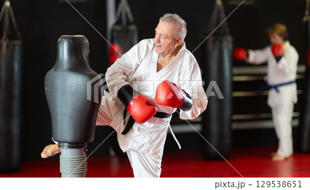 Aged man in white gi practicing strikes on dummy in dojo 129538651